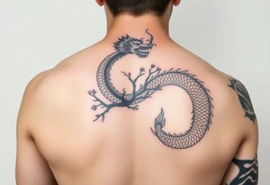 forearm sleeve tattoo, a dragon with a sakura tree tattoo idea