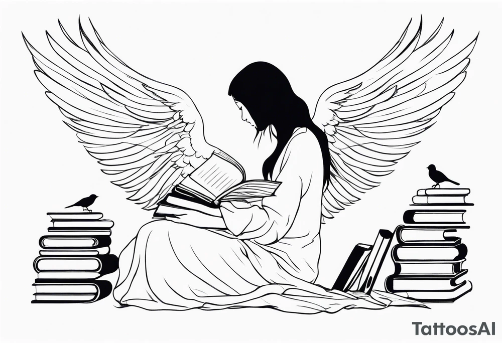 Kneeling Girl with angel wings, side profile, holding a stack of books that are open with silhouettes of birds flying out of them. Smaller and more  minimalistic. Thinner lines tattoo idea