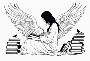 Kneeling Girl with angel wings, side profile, holding a stack of books that are open with silhouettes of birds flying out of them. Smaller and more  minimalistic. Thinner lines tattoo idea