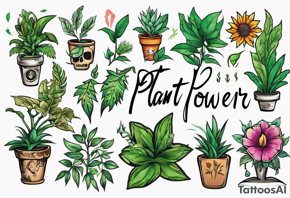 Words “Plant Power” with plants tattoo idea