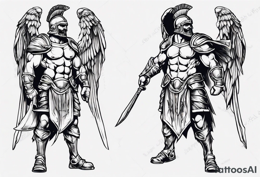 ultra-fine line linework vector of a gladiator with wings tattoo idea