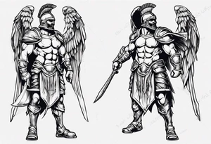 ultra-fine line linework vector of a gladiator with wings tattoo idea