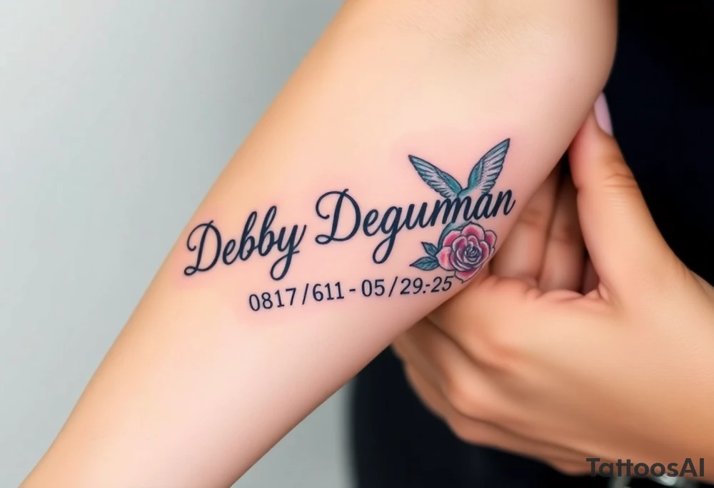 Tattoo of the exact name Debby Deguzman in chunky curly cursive with the exact dates of 08/17/61-05/29/25 surrounded by 1 hummingbird and 1 rose tattoo idea