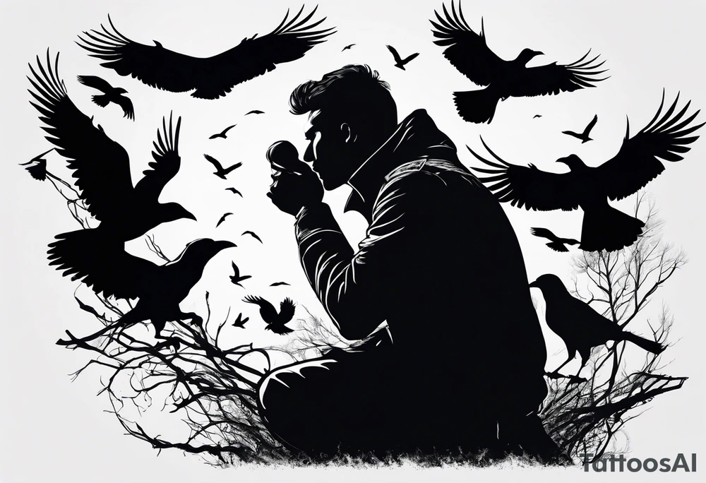 Silhouette of a man on his hands and knees bent over with crows coming out his back flying away. tattoo idea