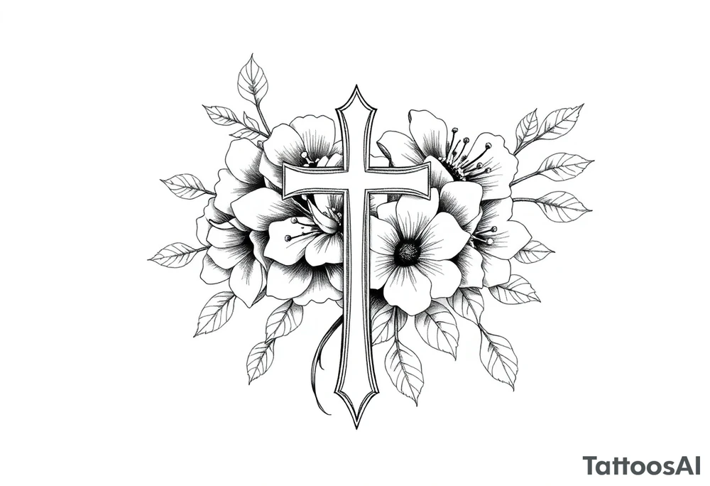 Black and white floral tattoo hip tattoo with a cross tattoo idea