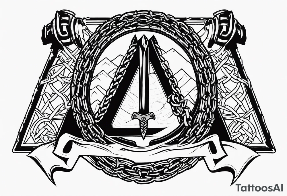 Valhalla sword shield axe barbed wire chains valknut tattoo idea