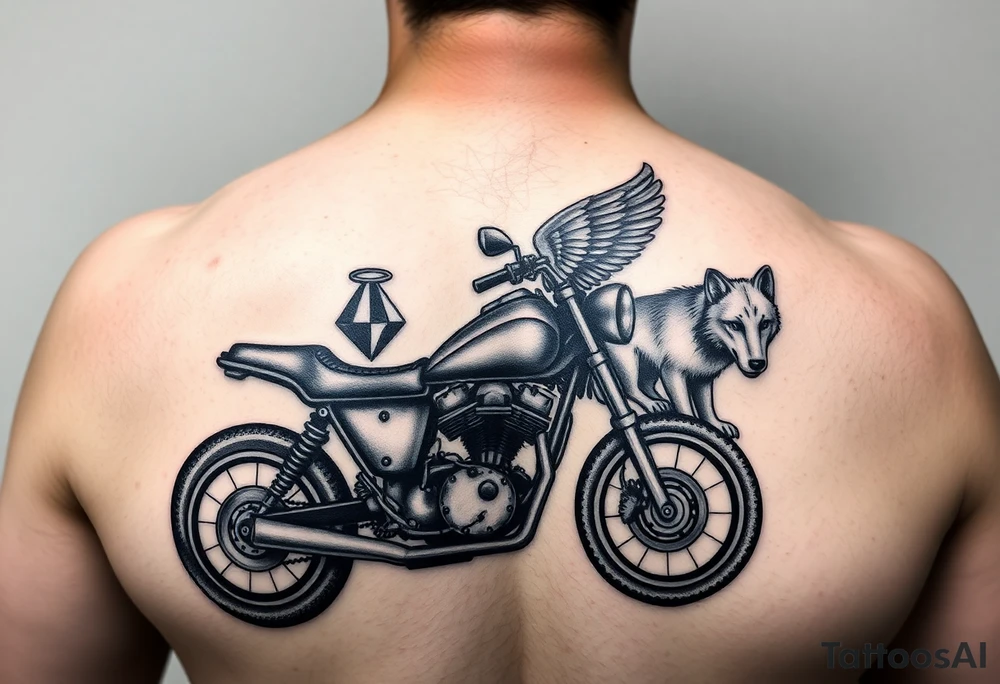 a motorcycle on it with guardian angel wolves on the bike tattoo idea