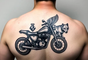 a motorcycle on it with guardian angel wolves on the bike tattoo idea