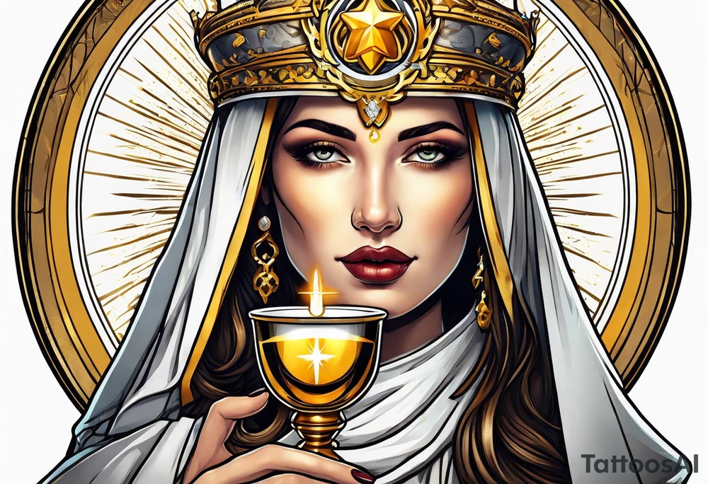 holy saint woman with golden halo holding a chalice tattoo idea