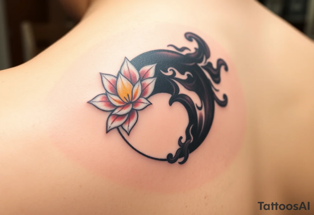 A Yin and Yang symbol, with one side filled with vibrant white lotus flowers, symbolizing peace and purity, and the other side blackened with dark, swirling smoke, symbolizing chaos and mystery. The white section radiates soft golden highlights, while the black section features dark reds and shadows tattoo idea