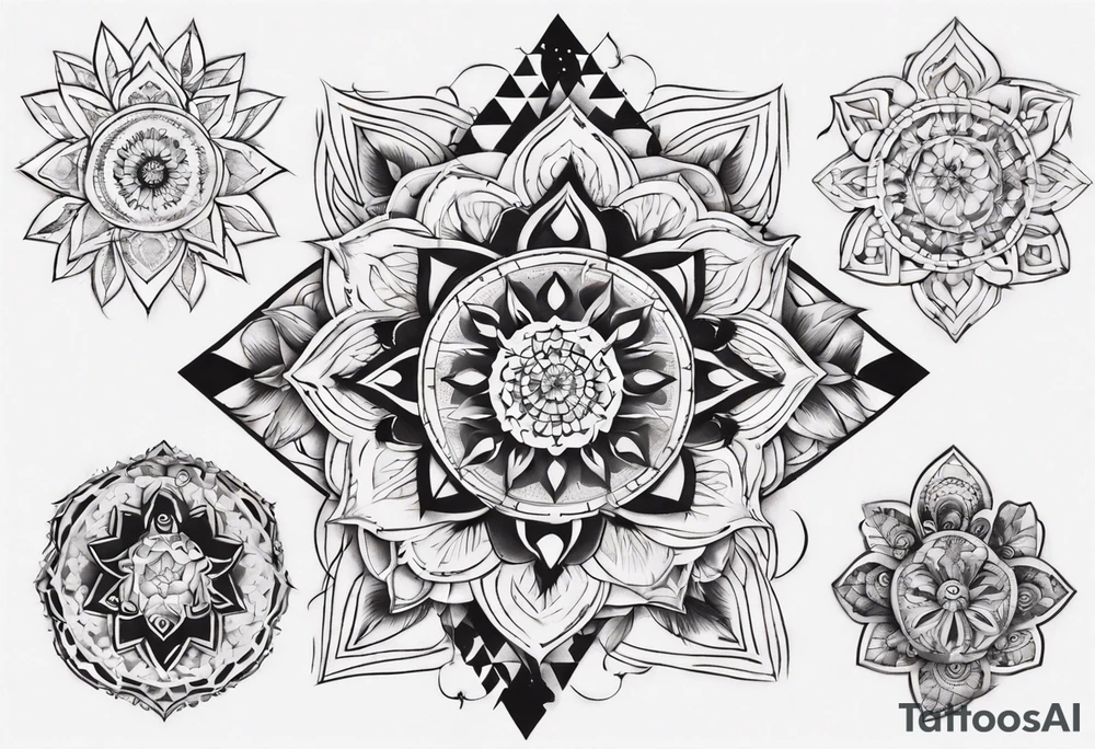 tattoo on both arms going to the chest. mixing mandalas with beautiful girls mix of geometric objects tattoo idea