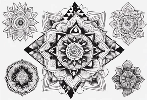tattoo on both arms going to the chest. mixing mandalas with beautiful girls mix of geometric objects tattoo idea
