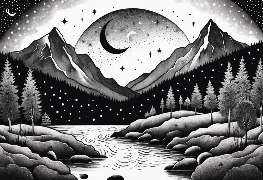 nature with mountains, waterfall, water, and a cross in the background and and moon/sun in the sky with stars tattoo idea
