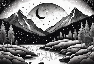 nature with mountains, waterfall, water, and a cross in the background and and moon/sun in the sky with stars tattoo idea