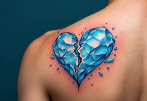 A heart made of blue ice, cracking apart, with cyan shards floating around, representing a love turned cold tattoo idea