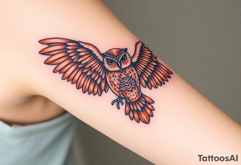 A mother owl spreading her wings next to her baby, with intricate feather detailing in deep brown and golden hues, symbolizing wisdom and protection tattoo idea