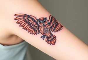 A mother owl spreading her wings next to her baby, with intricate feather detailing in deep brown and golden hues, symbolizing wisdom and protection tattoo idea