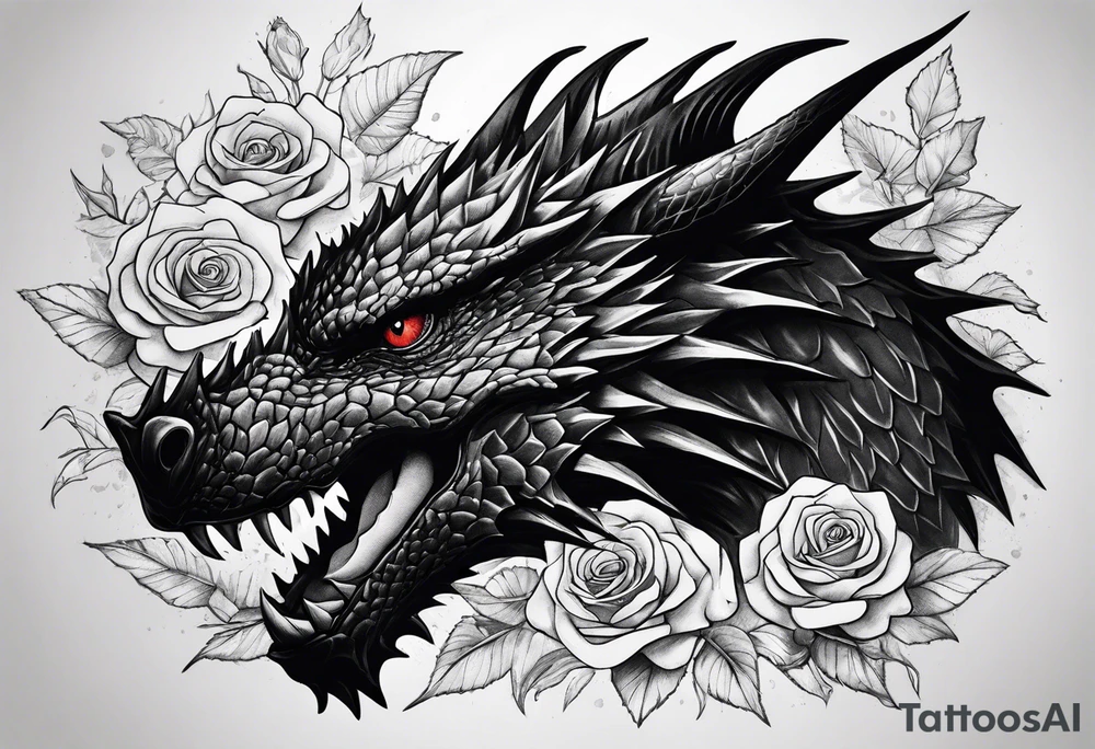 Drogon's face amongst roses and thorns tattoo idea