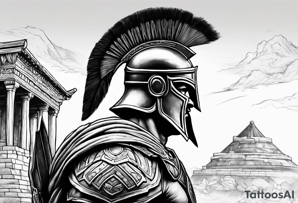 Side profile Spartan Solider ancient city in background tattoo idea Side profile Spartan Solider ancient city in background tattoo idea