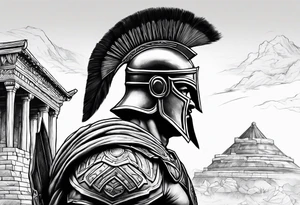 Side profile Spartan Solider ancient city in background tattoo idea