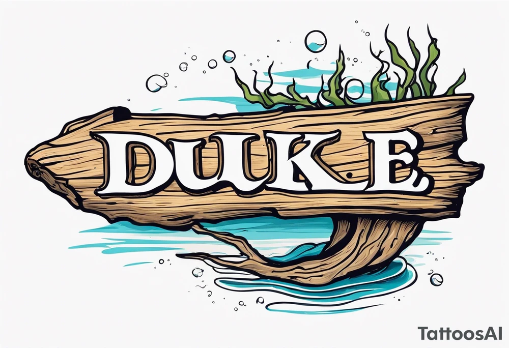 piece of driftwood underwater with the word duke written in the wood tattoo idea