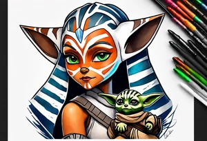 Star wars ahsoka teaching baby grogu tattoo idea