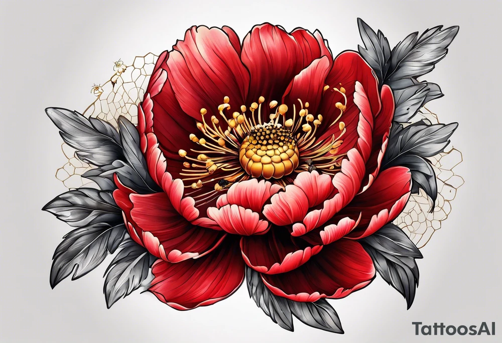 red peony with bee tattoo idea