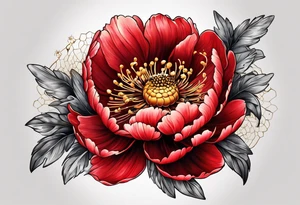 red peony with bee tattoo idea