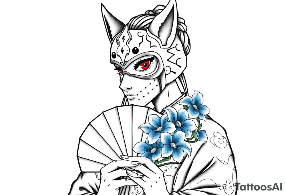 Woman samurai with red eyes wearing an half and broken kitsune mask, holding a japanese fan with blue Iris flowers tattoo idea