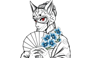 Woman samurai with red eyes wearing an half and broken kitsune mask, holding a japanese fan with blue Iris flowers tattoo idea
