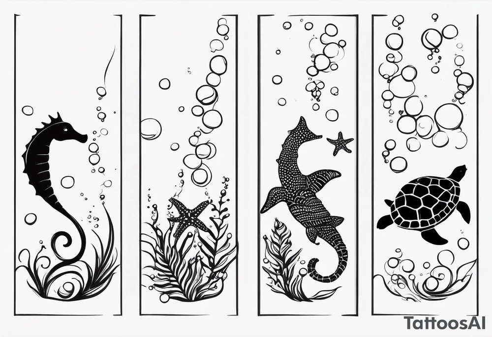 Small Starfish, Seahorse and turtle in a vertical line with bubbles tattoo idea Small Starfish, Seahorse and turtle in a vertical line with bubbles tattoo idea