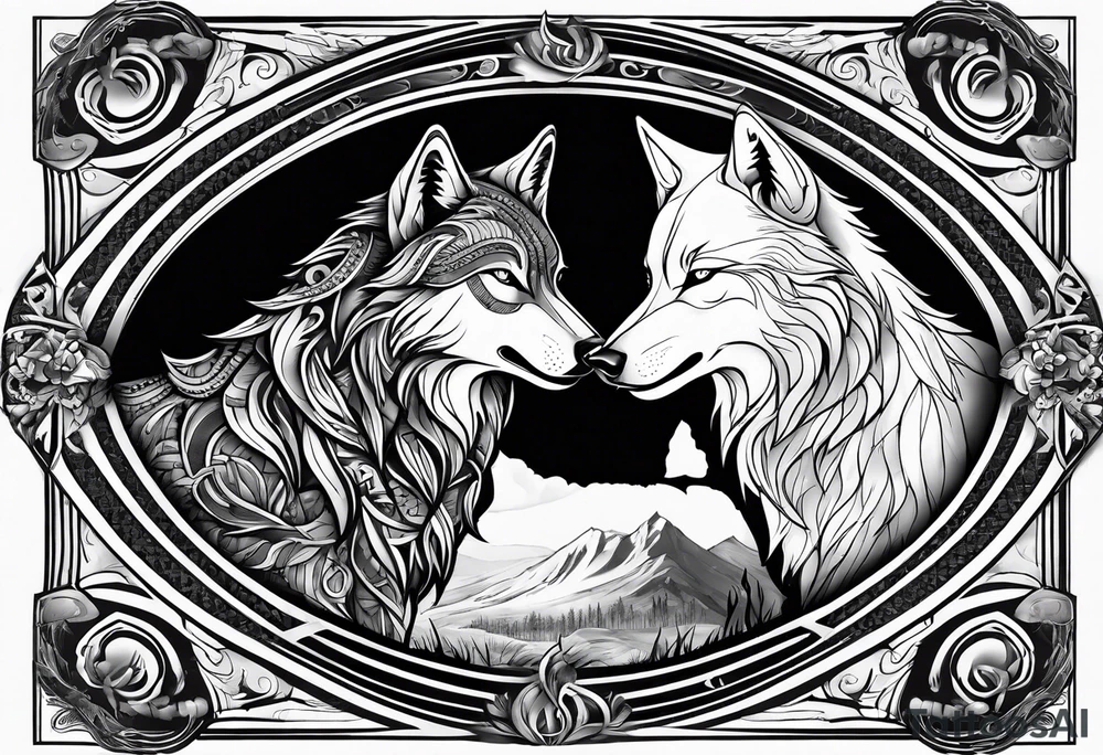 Black wolf fighting white wolf tattoo idea
