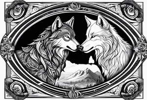 Black wolf fighting white wolf tattoo idea