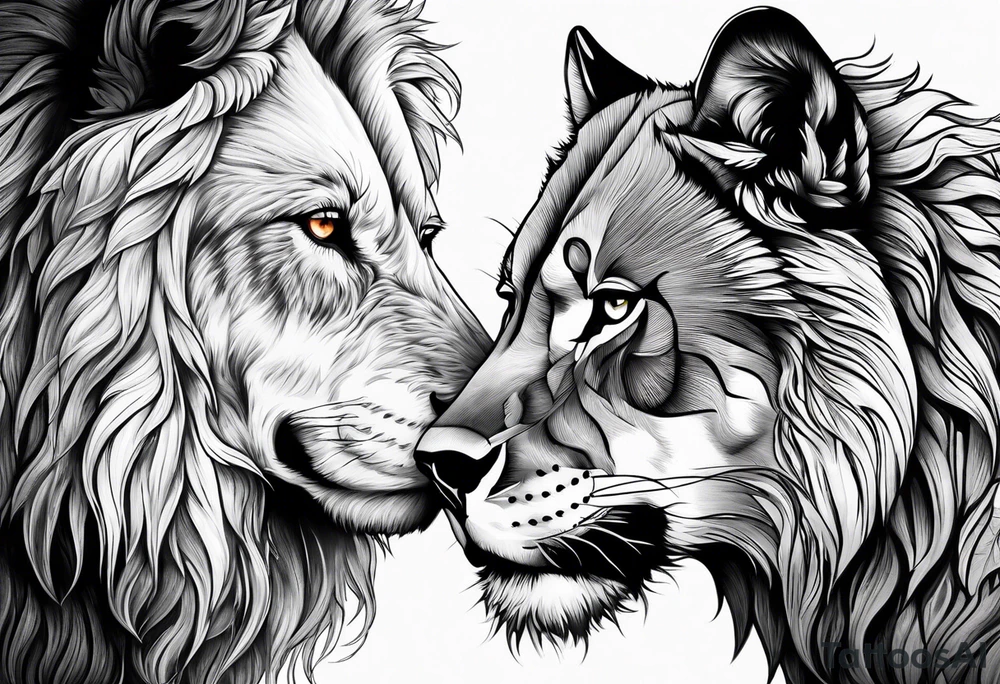 A wolf and a lion facing each other, representing strength and love tattoo idea
