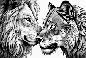 A wolf and a lion facing each other, representing strength and love tattoo idea