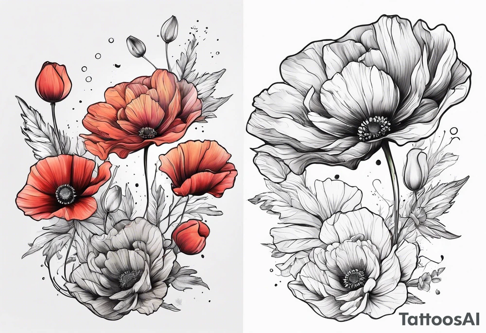 1 Cosmos and 1 Poppy flowers tattoo idea