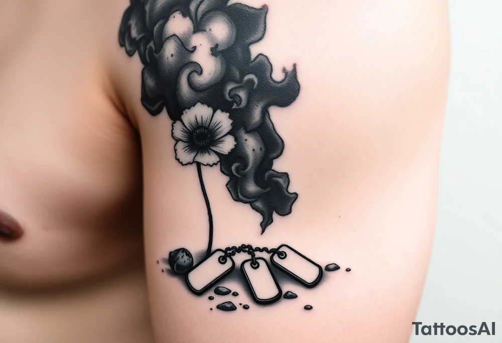 War zone with 2 poppy’s growing out of the smoke with dog tags laying on the ground tattoo idea