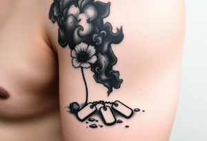 War zone with 2 poppy’s growing out of the smoke with dog tags laying on the ground tattoo idea