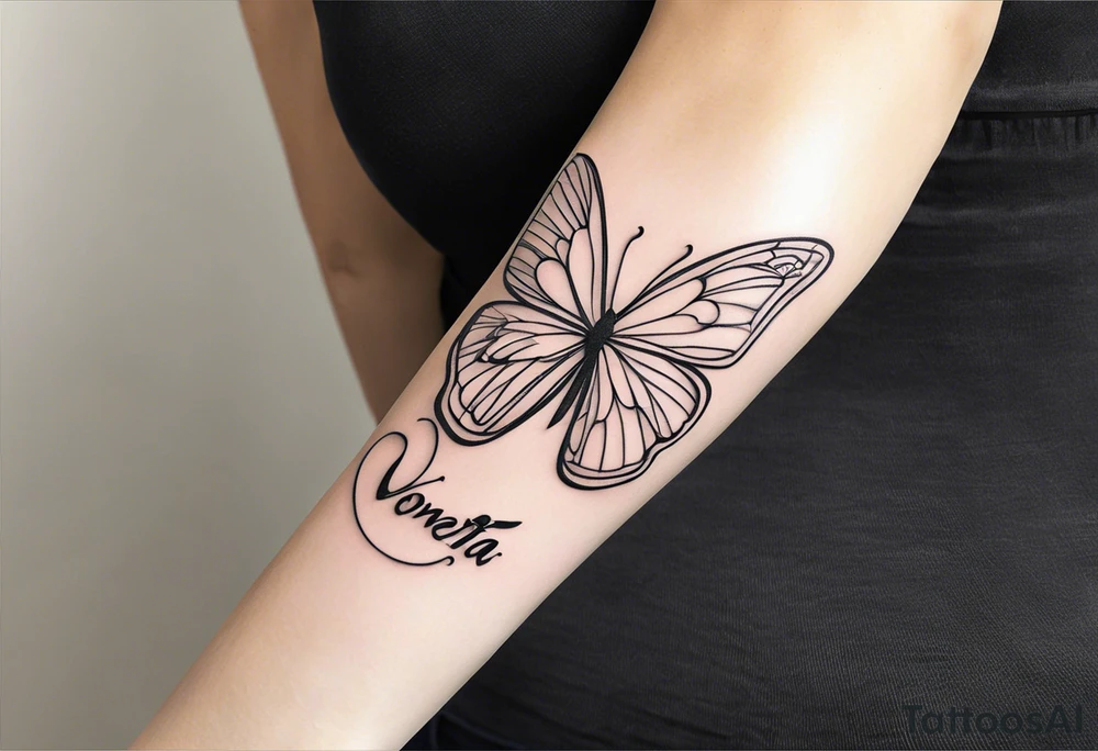 create a soft feminine energy tattoo to go down the left arm with the appearance of a wrap around the arm and going around a pre-existing tattoo of the name Vonetta in cursive writing fairly close to the top of the shoulder.  Also include a beautiful butterfly and the names Justin and Taylor tattoo idea