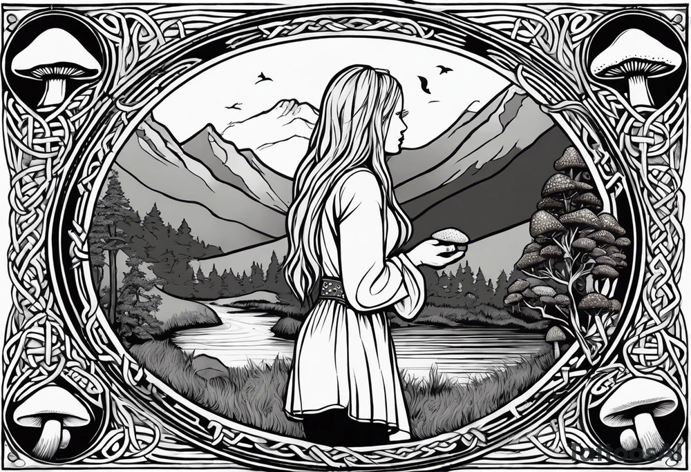 Whole picture encircled fully

Straight long blonde hair hippie girl in distance holding mushrooms in hand facing away toward mountains and creek surrounded by mushrooms long sleeve shirt and hiking pants; whole rendering within a full celtic circle border, no cut off circle tattoo idea