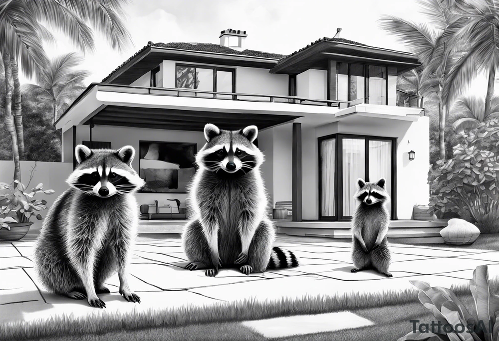 Raccoon Family in Front of her New villa with Pool.
The Husband hast Tools in His Hands.
The wife holds a cake.
The Childs plays with a ball tattoo idea