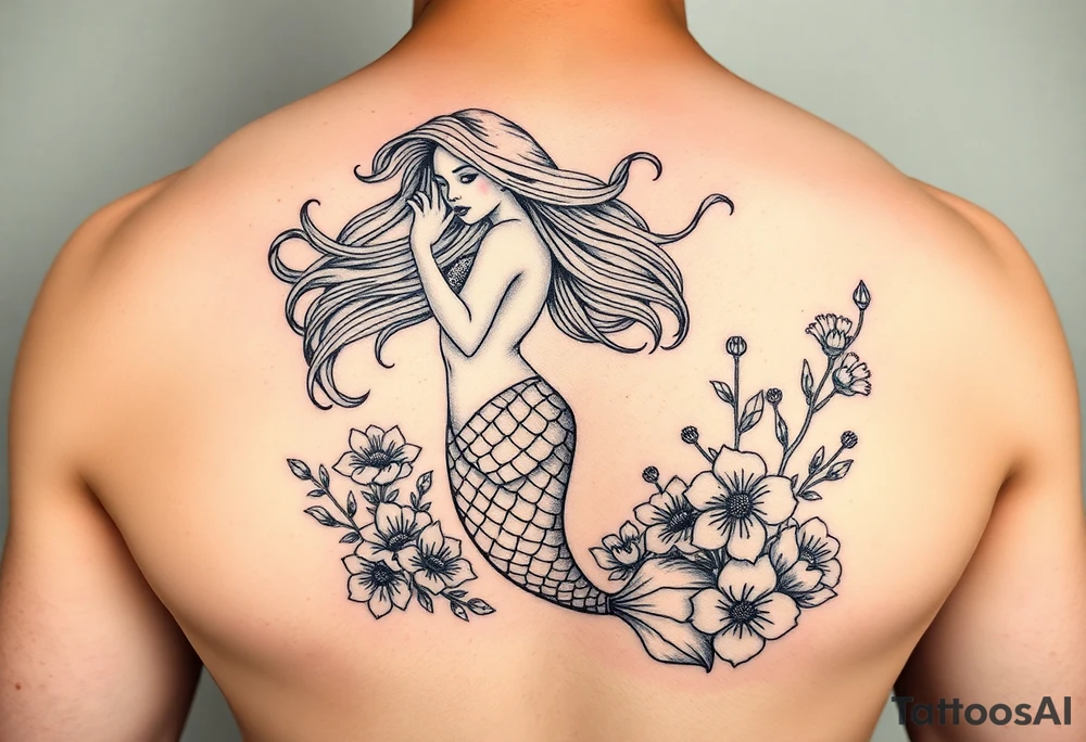 ethereal mermaid with flowing hair among coral and sea flowers tattoo idea