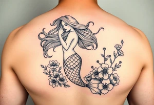 ethereal mermaid with flowing hair among coral and sea flowers tattoo idea