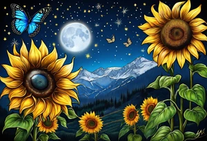 Sunflowers, full moon, blue morpho butterflies, starry sttary night, you are my sunshine. tattoo idea