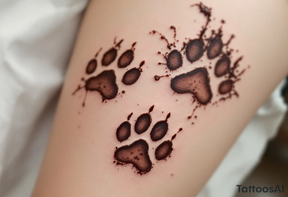 Realistic Muddy Paw Prints – Highly detailed paw marks in earthy brown tones, as if freshly stepped in mud, stamped across the skin with realism. tattoo idea