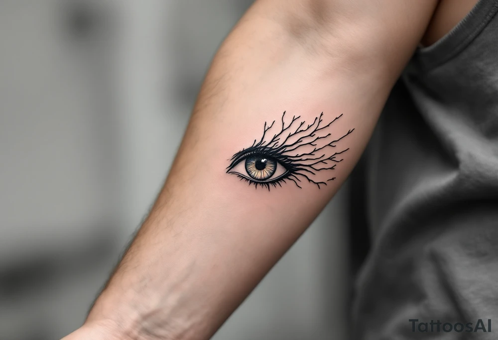 Minimalistic black line tattoo of an eye with its lines extending into tree branches, thin and abstract design. tattoo idea