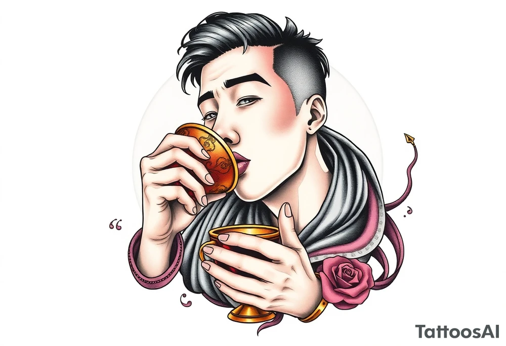 Handsome Asian young guy is drinking from ancient cup tattoo idea
