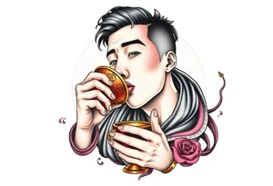 Handsome Asian young guy is drinking from ancient cup tattoo idea