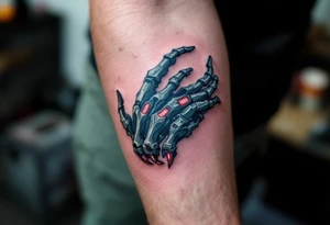A skeletal robotic arm with bone-like mechanical segments in matte gray, accented by red heat signatures at each joint. tattoo idea