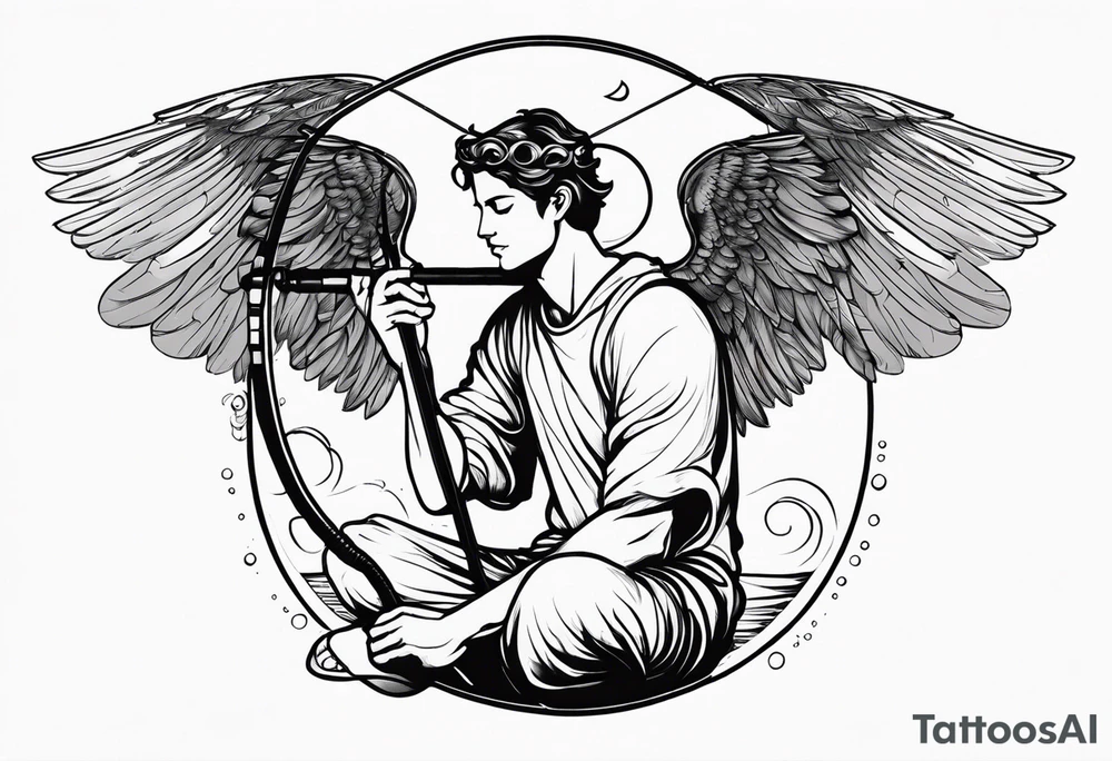 male angel with a halo sitting peacefully with fishing rod tattoo idea
